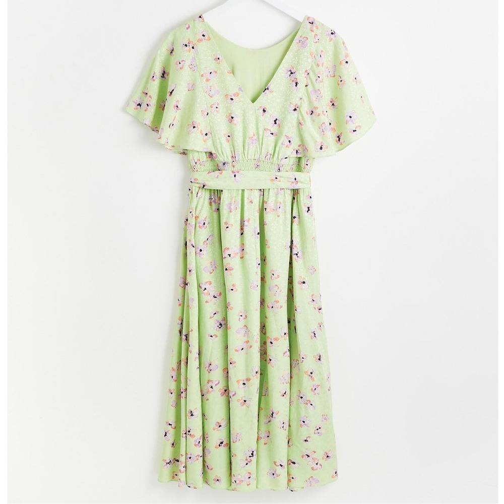 Oliver Bonas Size US 10 Floral Green Jacquard Midi Dress UK14 Lightweight‎